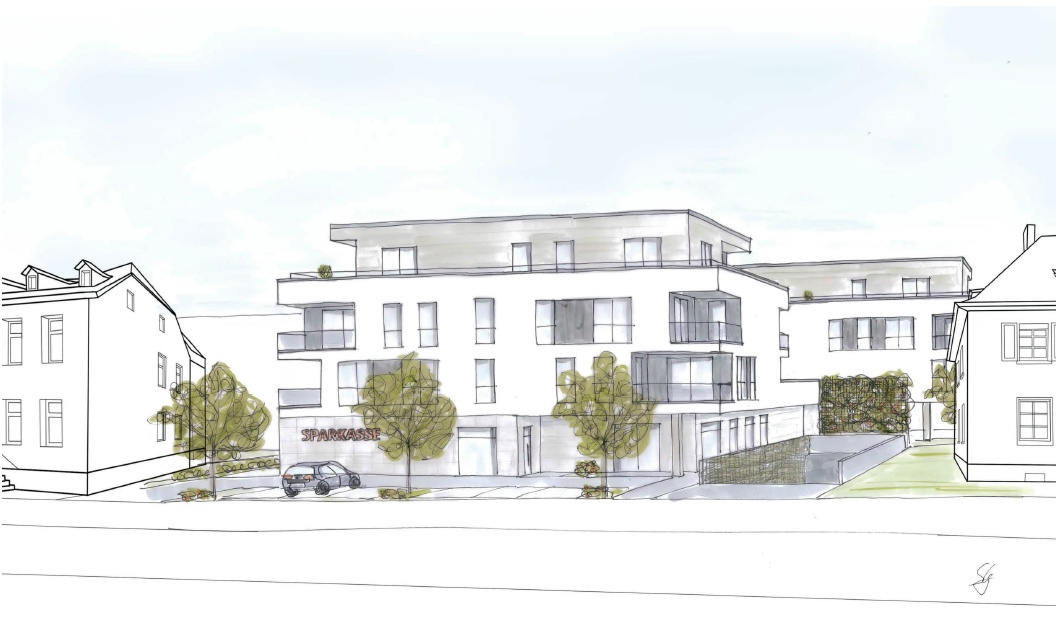 Sicht von der Brckenstrae auf das geplante Sparkassengebude | Visualisierung: Firma Mller Bau GmbH